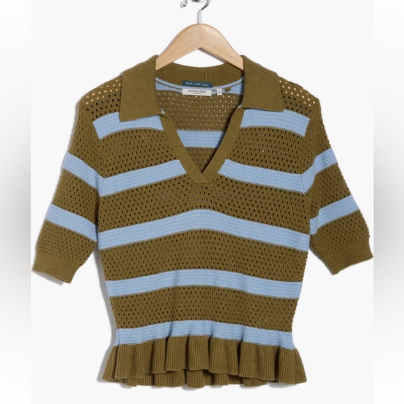 Scotch & Soda NWT Pointelle Collared Short sleeve Vneck Peplum Sweater - Picture 8 of 17